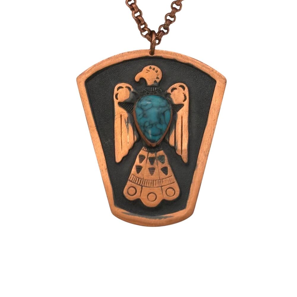 Vintage Copper Thunderbird Turquoise Pendant Necklace Southwestern Boho 30”
